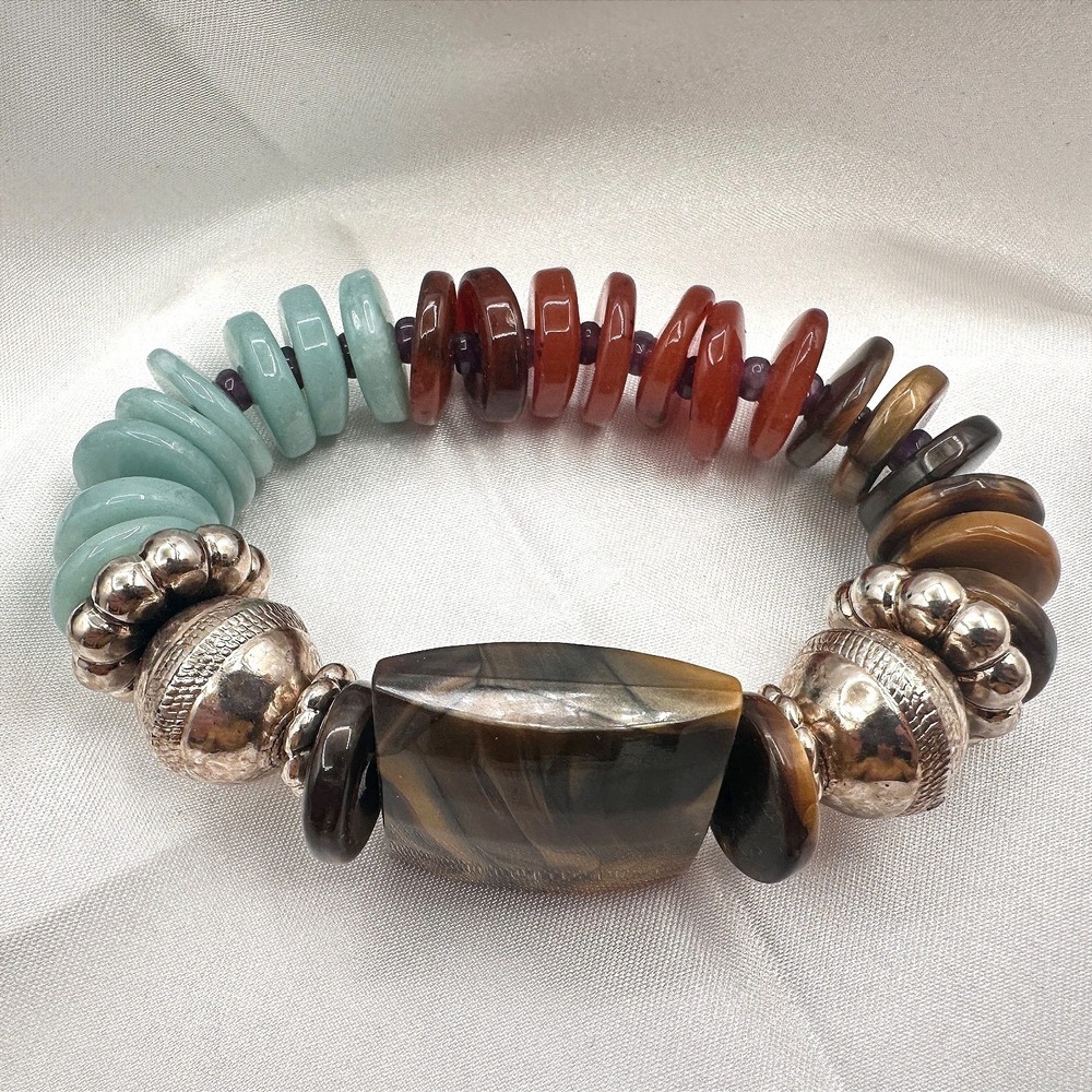 Vintage 90s Polycrome Tiger's Eye Disc Bead Stretch Bracelet Silver Tone Jewelry